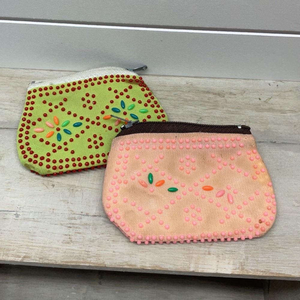 Vintage Beaded Coin Purse Set Lime Green Peach Floral Mid Century Retro Pouch